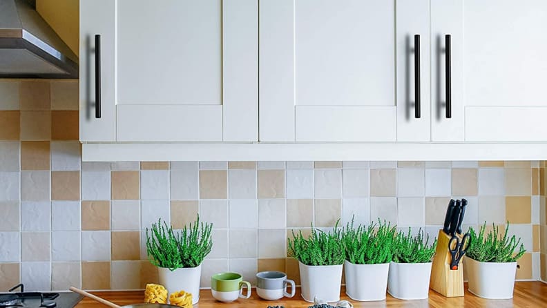 Close up of kitchen cabinets.