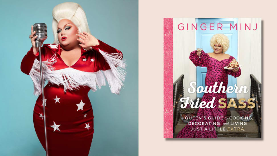 On the left, Ginger Minj and on the right, Southern Fried Sass: A Queen's Guide to Cooking, Decorating, and Living Just a Little "Extra" book.