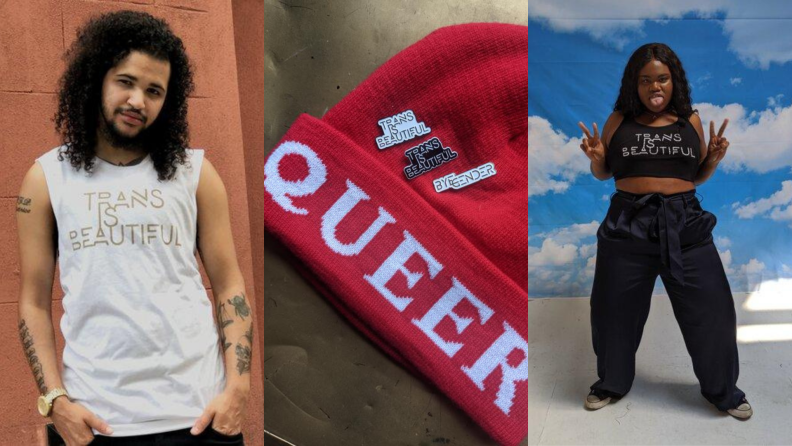 Models wear "Trans Is Beautiful" t-shirts and a Queer beanie has enamel pins.