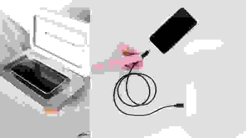 Close up photos of a cell phone being charged.
