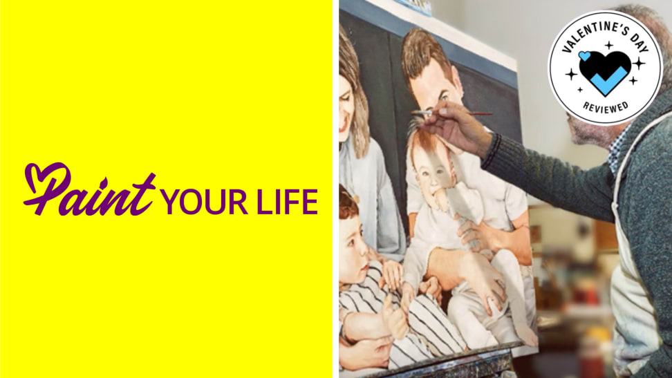 The Paint Your Life logo next to a person painting a portrait with the Valentine's Day Reviewed badge in the corner.