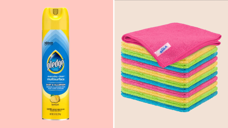 On left, can of Pledge multi-surface cleaning spray. On right, stack of multi-colored microfiber cloths.