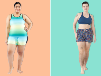 Gender neutral bathing suits on an orange and teal background.