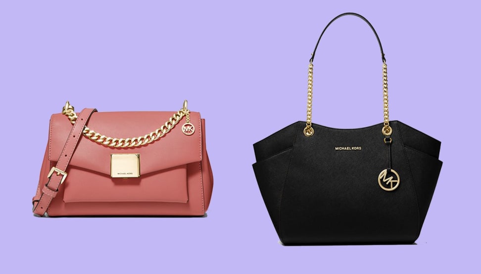 Pink purse with gold chain next to black purse with gold chain against a purple background
