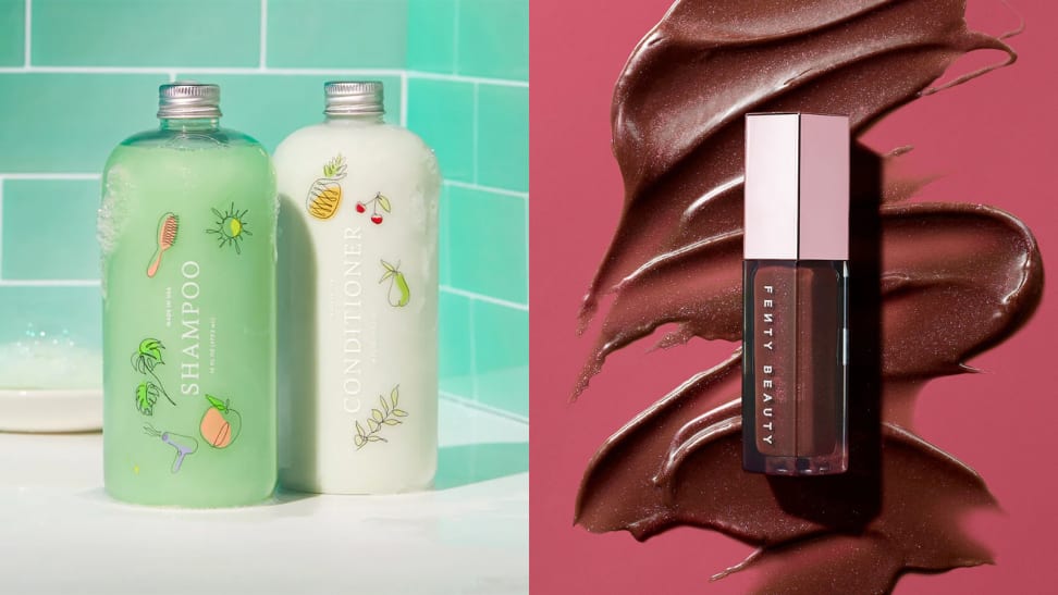 左边:两个Function of Beauty瓶子(一个绿色的洗发水和一个白色的护发素)并排放在一个白色的浴缸旁边，背景是绿色的瓷砖。右图:一款巧克力棕色的Fenty Beauty唇彩盖在一大块弯弯曲曲的Fenty Beauty唇彩上，底色为深粉色。