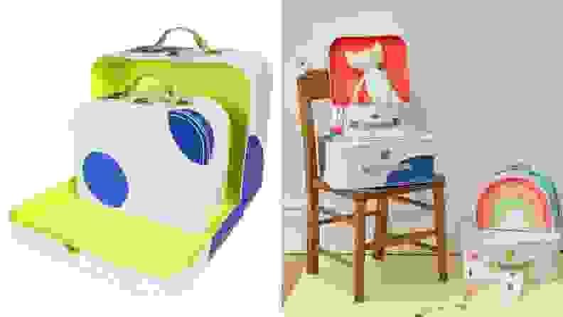 On left, colorful children's suitcase. On right, children's suitcases with toys inside.