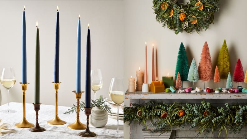 Blue candle sticks in gold candle holders on top of table. On right,