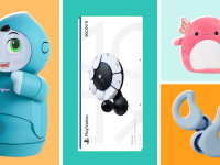 Split image of the light blue Moxie robot companion, a Sony PS5 Access Controller, a pink Archie the Axolotl Squishmallow, and a pair of gray Curvd noice-reducing earbuds.
