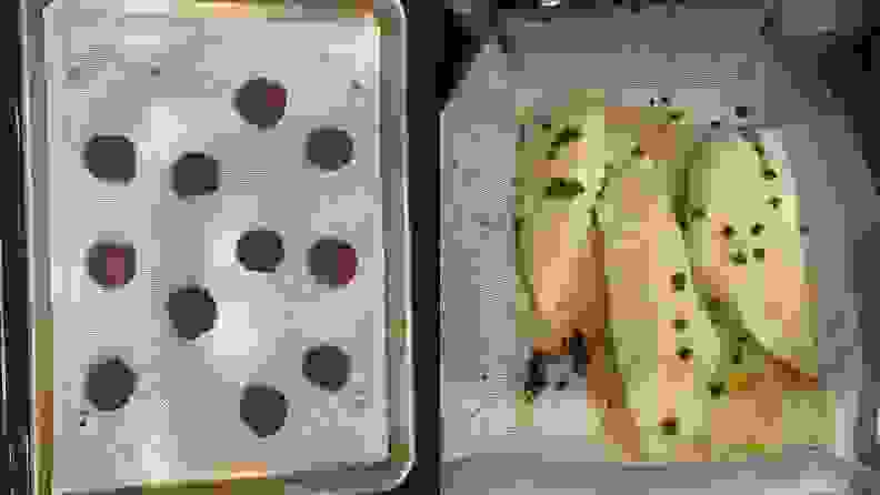 On left, chocolate cookie dough balls spaced on out baking mat. On right, three pieces of white fish with surrounding sauce in folded-up baking mat.