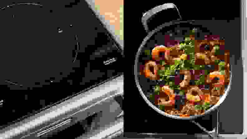 Left: A closeup of a KitchenAid induction cooktop. Right: A skillet filled with shrimp and vegetables.