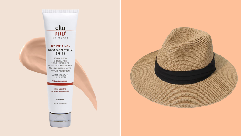 EltaMD UV Physical sunscreen and a straw sun hat
