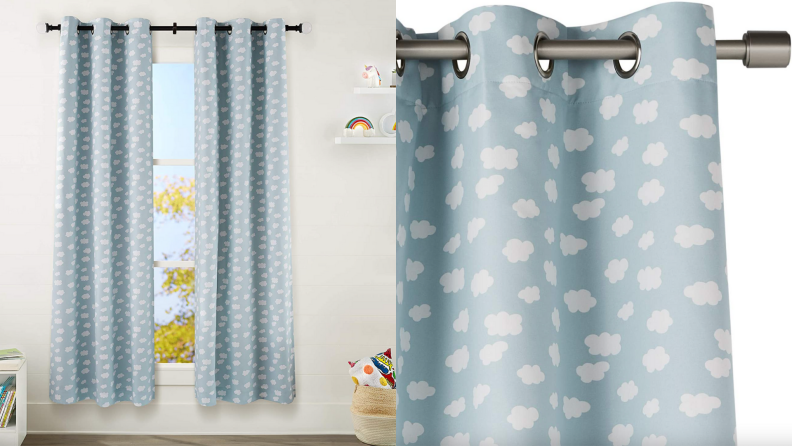 Pastel blue children's curtains in bedroom covered in white clouds.