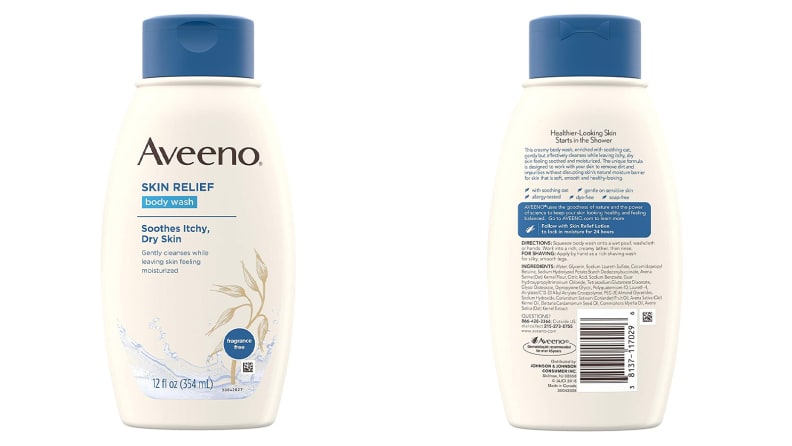 An image of the front and back of the packaging of the Aveeno moisturizing body wash for dry and sensitive skin.