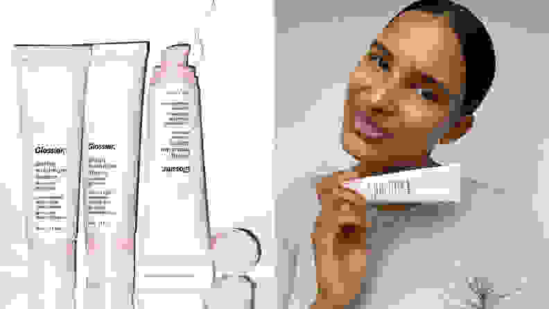 On the left: White tubes of makeup primer stand next to each other. On the right: A person holds a tube of makeup primer.