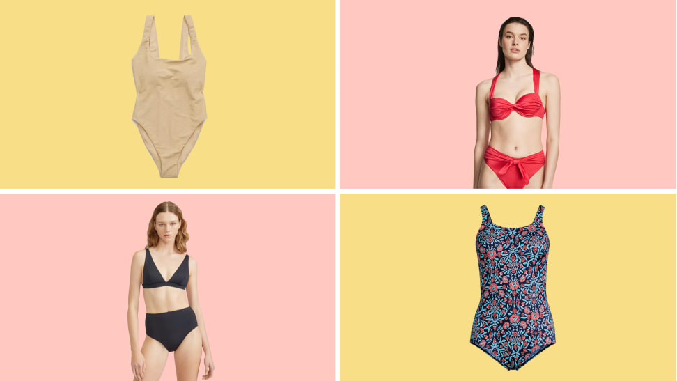 A colorful collage with various types of swimsuits.