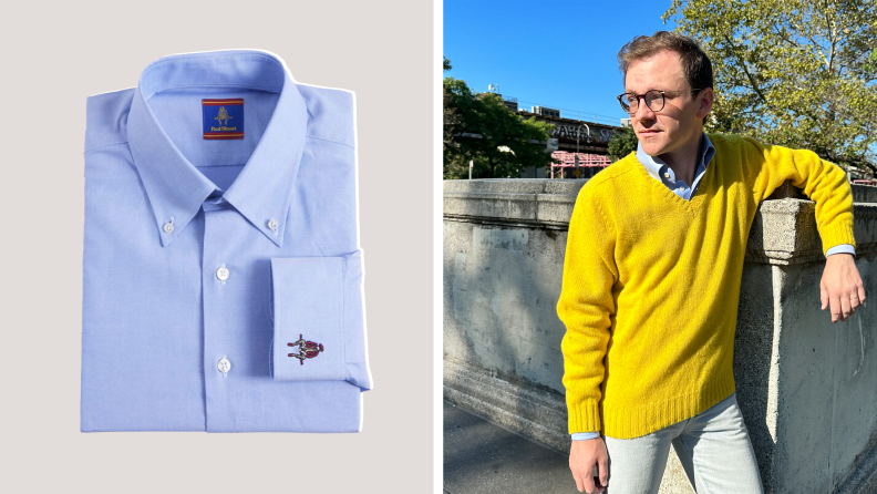 Product shot of a blue dress shirt with an embroidered emblem on the cuff, as well as a photo of the author wearing a yellow sweater.