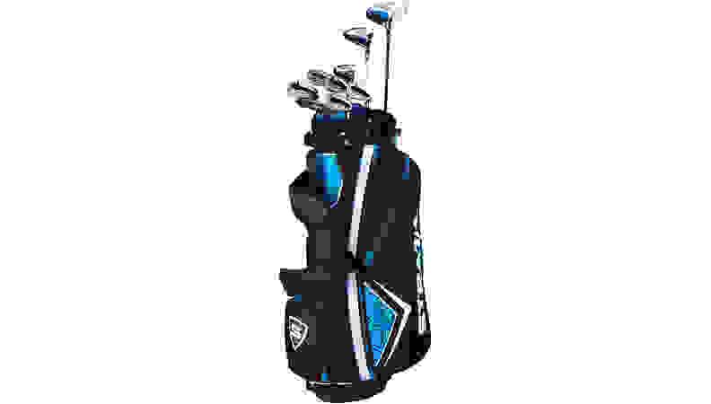 Glob clubs in blue/black bag on white background.