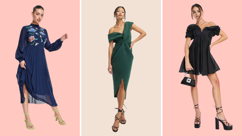 Woman in an embroidered navy dress, a woman in a green midi dress, and a woman in a black mini dress.