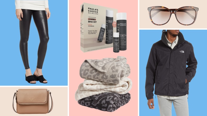 A woman modeling leather pants against a blue background in the upper left. A brown Kate Spade handbag against a grey background in the lower left. A Paula's Choice BHA kit above a collection of towels against a pink background in the center. A pair of sunglasses against a grey background in the upper right. A man wearing a black North Face jacket against a blue background in the lower right.