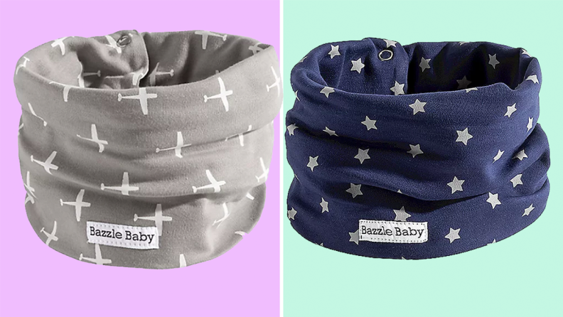 An image of two Bazzle Baby infinity bibs in gray and navy with stars.