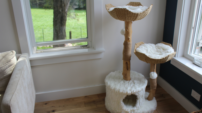 A whicker and wood, two-tier cat tower with plush bed in corner of residential home.