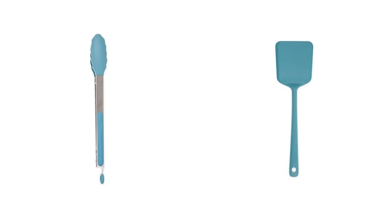 A teal silicone spatula and a matching pair of cooking tongs on a white background.