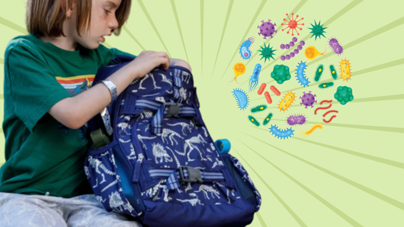 A child looks at his backpack while germs float behind him.