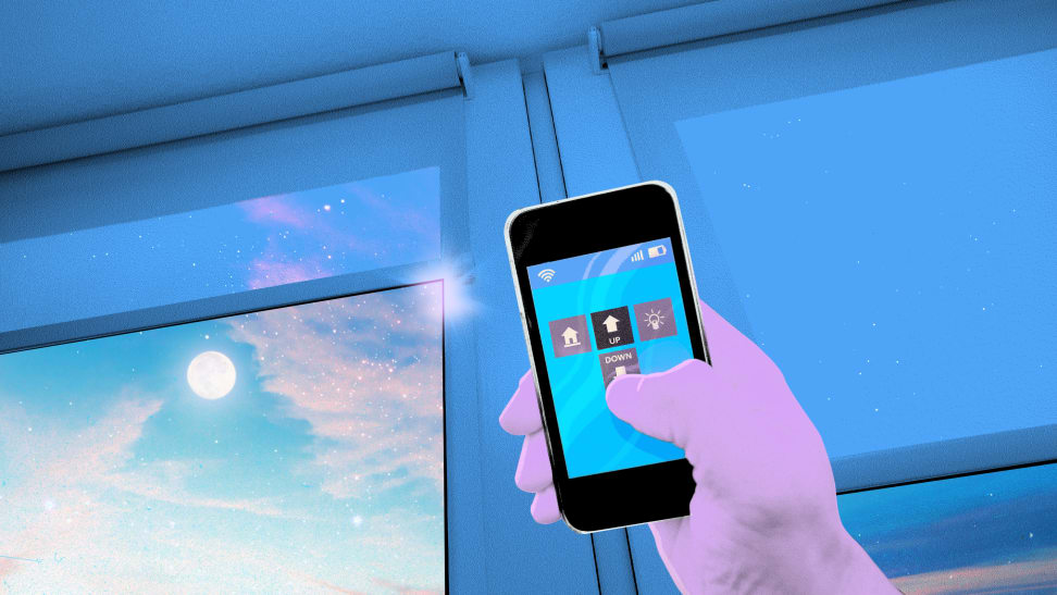 Person holding a smartphone to open blinds