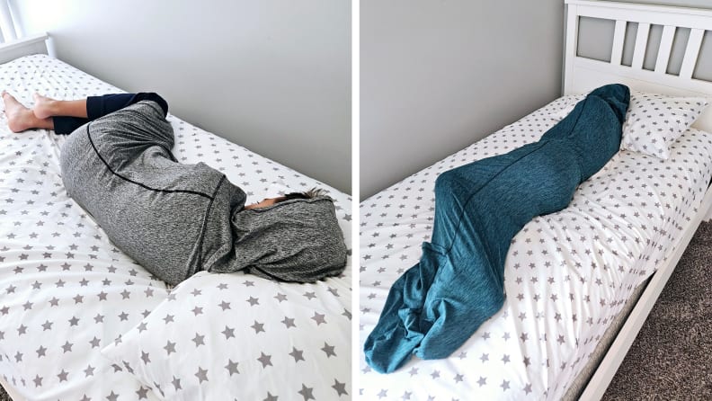 Two back angles of a boy wearing gray and blue hooded Hug Sleep pods