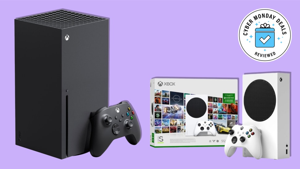 The Xbox Series X and the Xbox Series S consoles on a purple background.