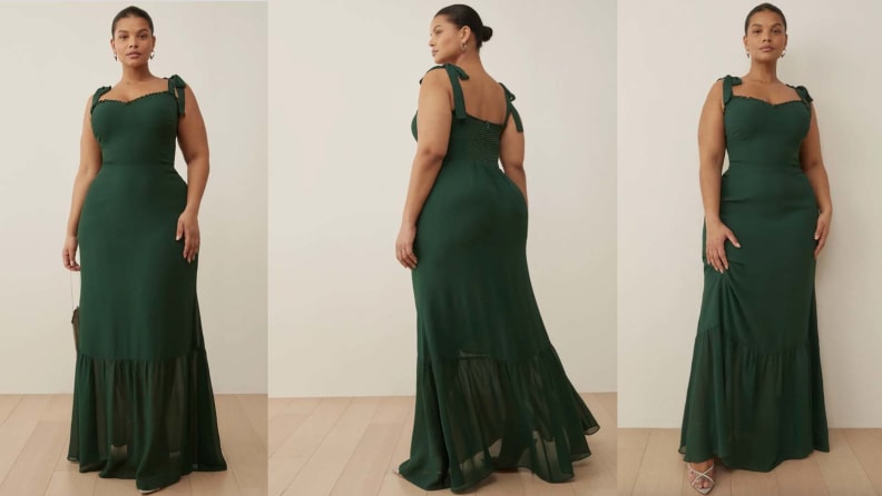 Reformation's gorgeous green maxi dress is the perfect plus-sized dress to wear to a summer wedding.