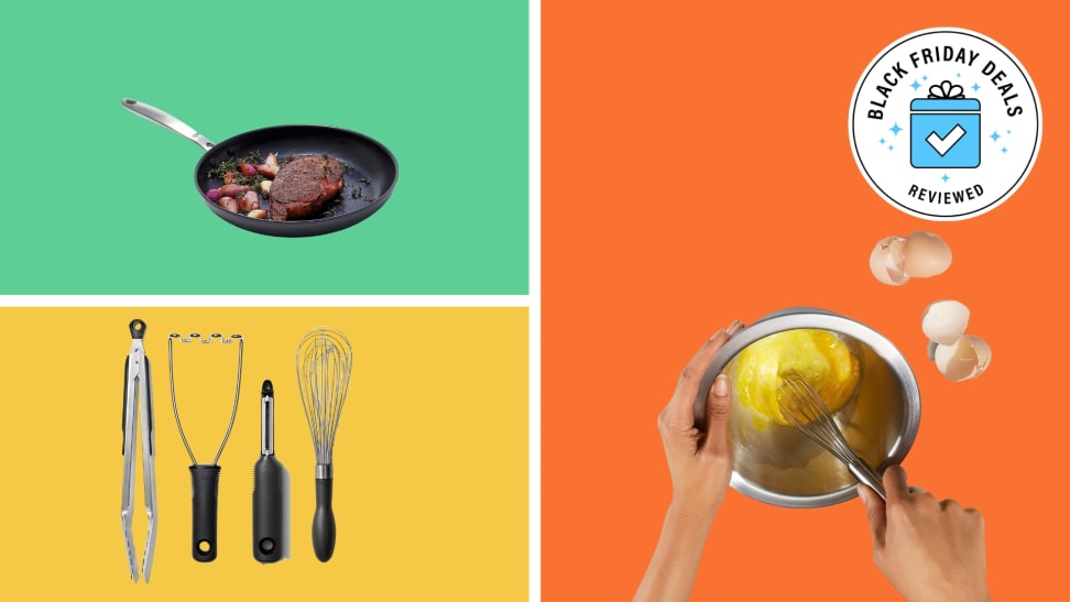 A Black Friday background with a pan with steak in it, cooking utensils and a pair of hands scrambling eggs inside a bowl.