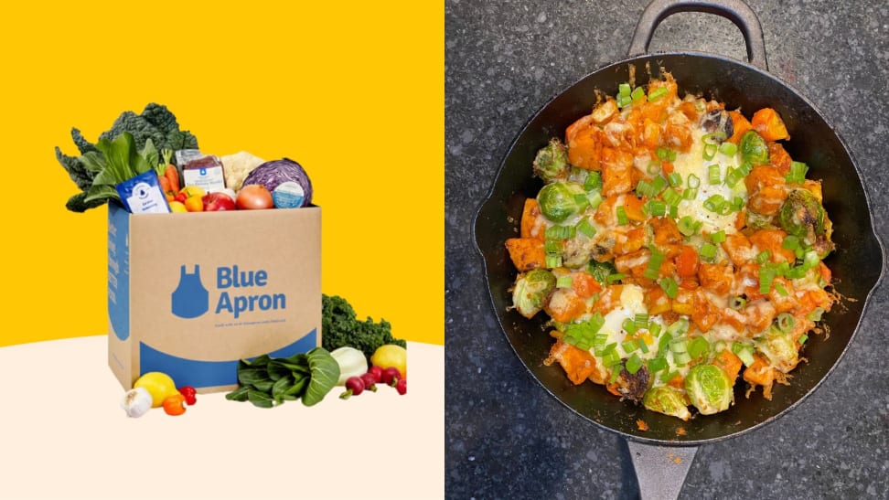 Side-by-side shot of a Blue Apron bag filled with ingredients and a cooking pan preparing a meal.