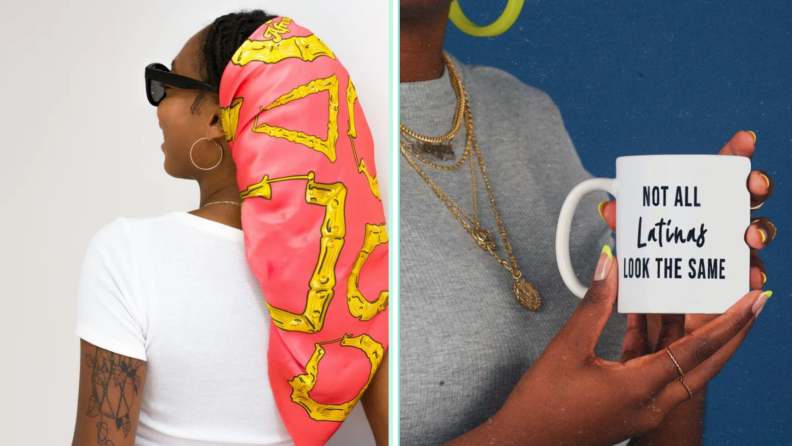 A side-by-side image of a woman wearing a bamboo hoop-printed silk scarf and another person holding a mug with the slogan, Not All Latinas Look The Same.