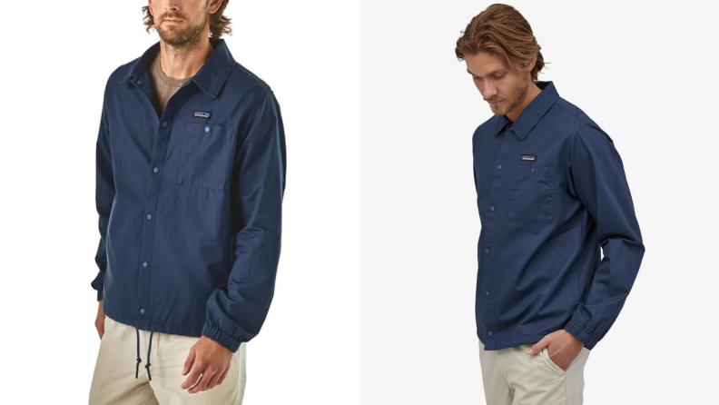 Man wearing a blue hemp-made Patagonia coaches jacket.