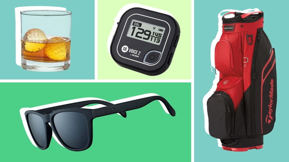 collage of sunglasses. whisky glass, red golf bag, and gos range finder