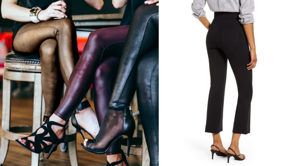 Spanx leggings next to a woman in Spanx pants