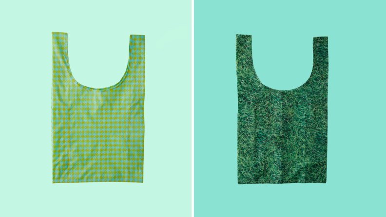 Two images of Baggu thin tote bags, one in blue and green gingham print, the other in screen-printed grass pattern.