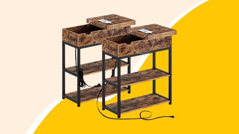 Two end tables with power source cords.