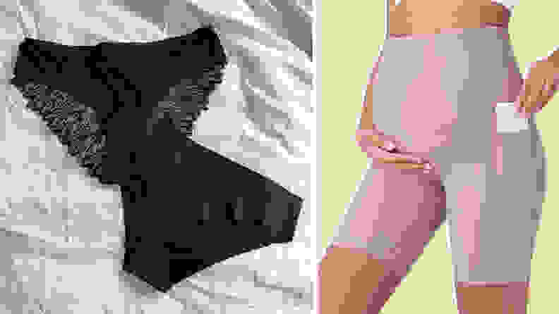 A model wearing maternity shorts and a photo of two pairs of black panties on a white sheet.