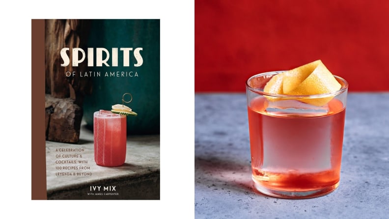 Left: A photo of the cocktail book, Spirits of Latin America. Right: A closeup photo of a red-hued cocktail topped with an orange peel.