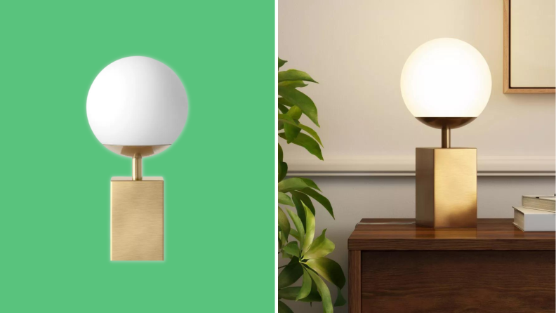 On the left, a lamp with an orb shade against a green background, on the right the same lamp on a table lit up.