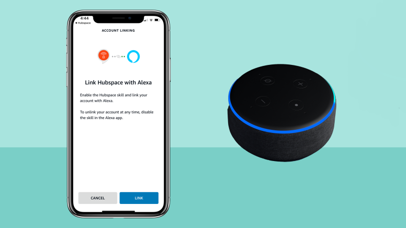 Smartphone displaying Hubspace functions for Amazon Alexa integration. On right, Amazon Alexa digital assistant.