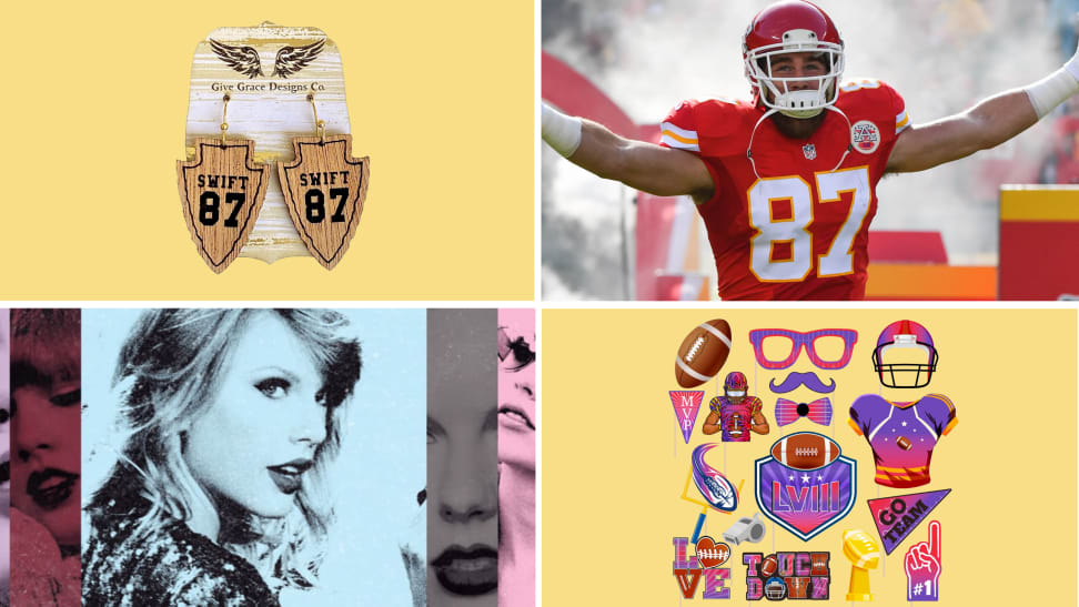 A collage with Taylor Swift, Travis Kelce, and Super Bowl party decorations.
