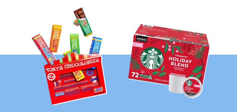 Collage of a Tony's Chocolate Sampler Pack and Starbucks Holiday Blend K-Cup Pods are two advent calendar gift ideas for adults.