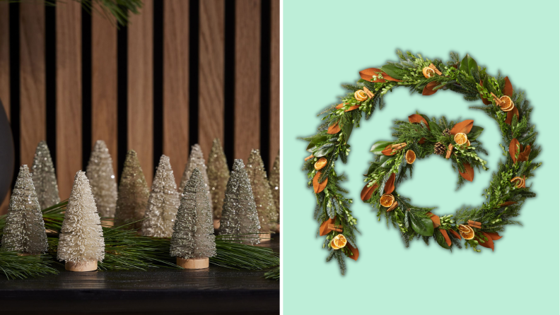 A set of bottle brush trees and a orange garland.