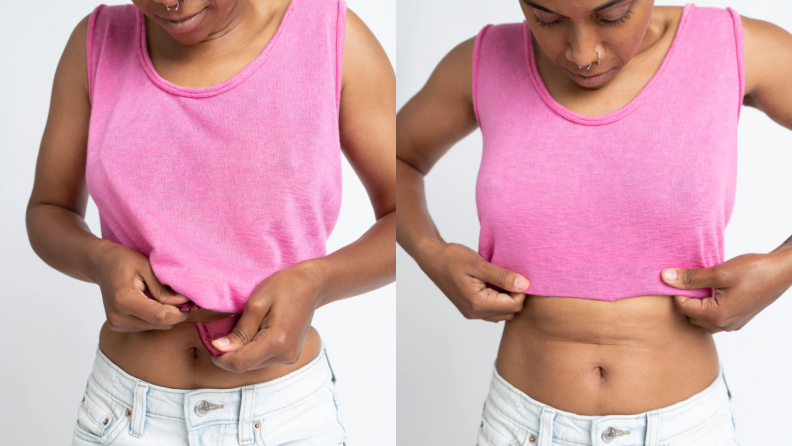 A photo collage of a model putting on the Original Tucky belt to tuck a pink, cropped tank top with jeans.