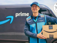 A man delivering an Amazon package with a Prime Day badge in the corner.