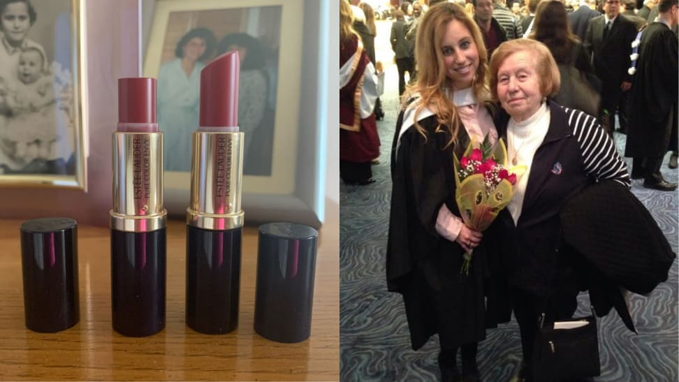 On the left: Two tubes of Estée Lauder lipstick. On the right: The author with her grandmother.