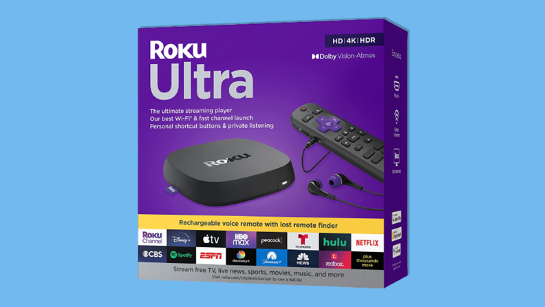 Roku Ultra in its box on a blue background.